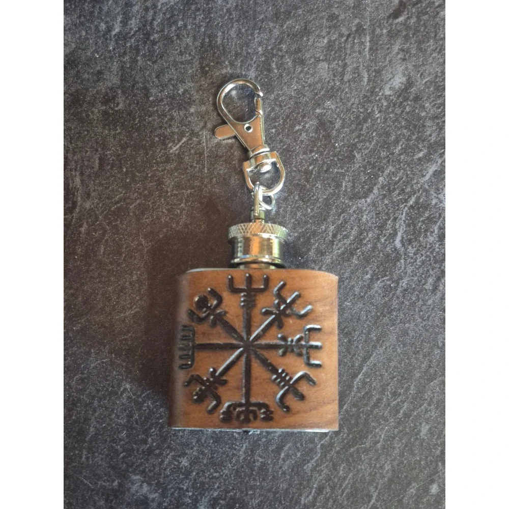 Viking Vegvisir Compass Mini Flask Keychain Brown Leather Wrap Norse Mythology